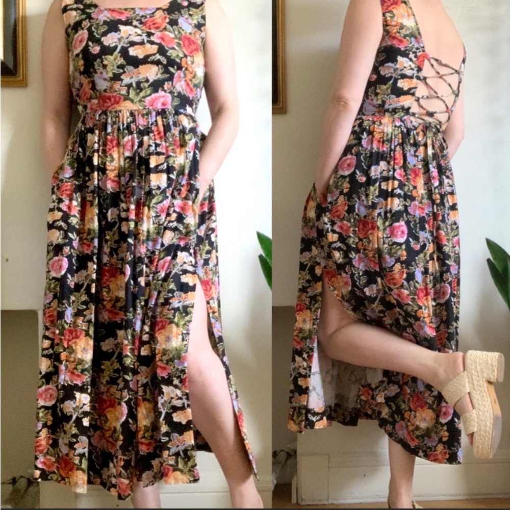 Vintage Styleworks 80s 90s Floral Open Lace Back Maxi Midi Dress Small